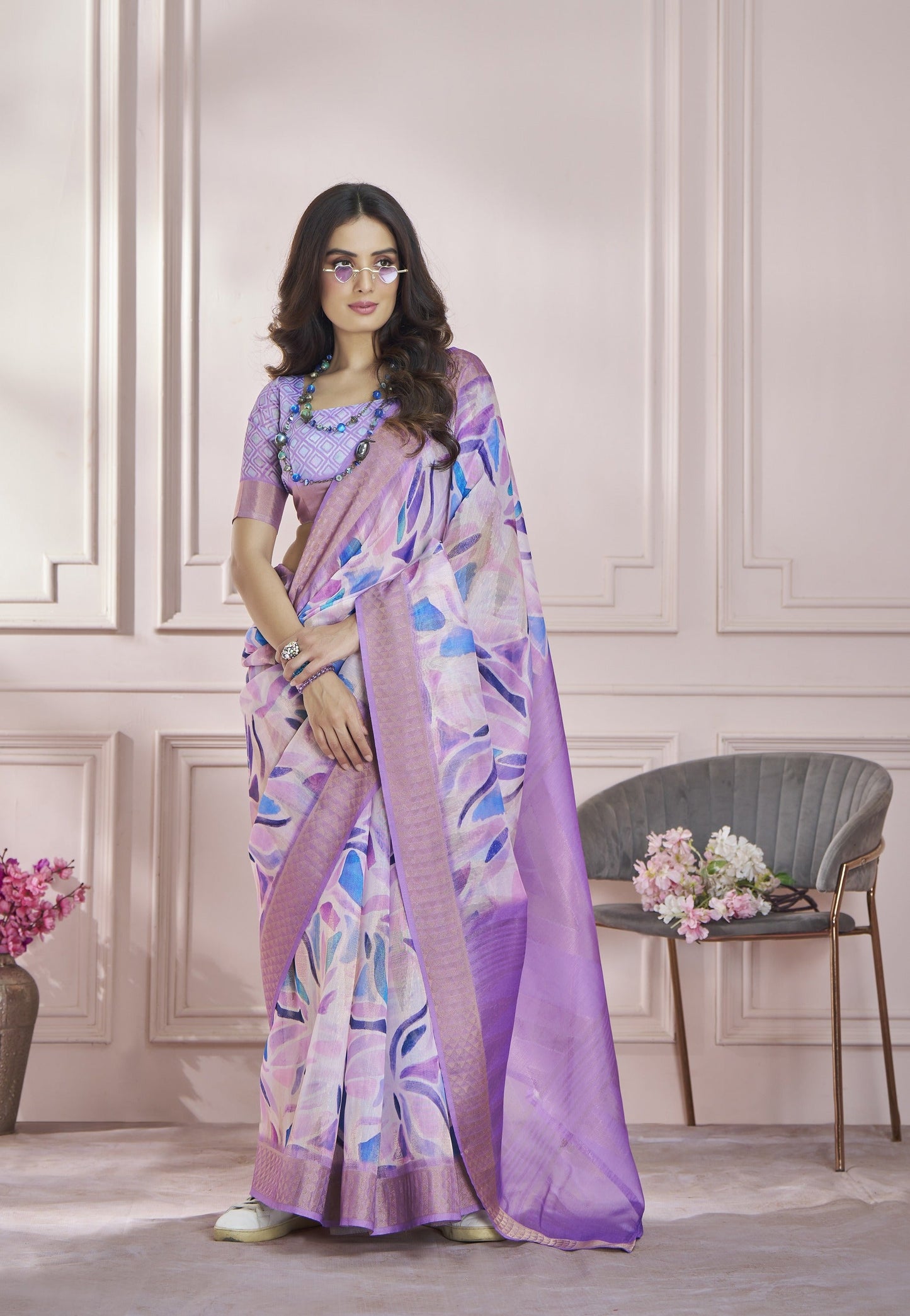 Anaita Lavender Printed Pure Modal Silk Saree With Blouse