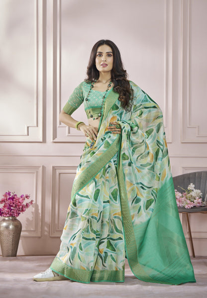 Anaita Light Green Printed Pure Modal Silk Saree With Blouse