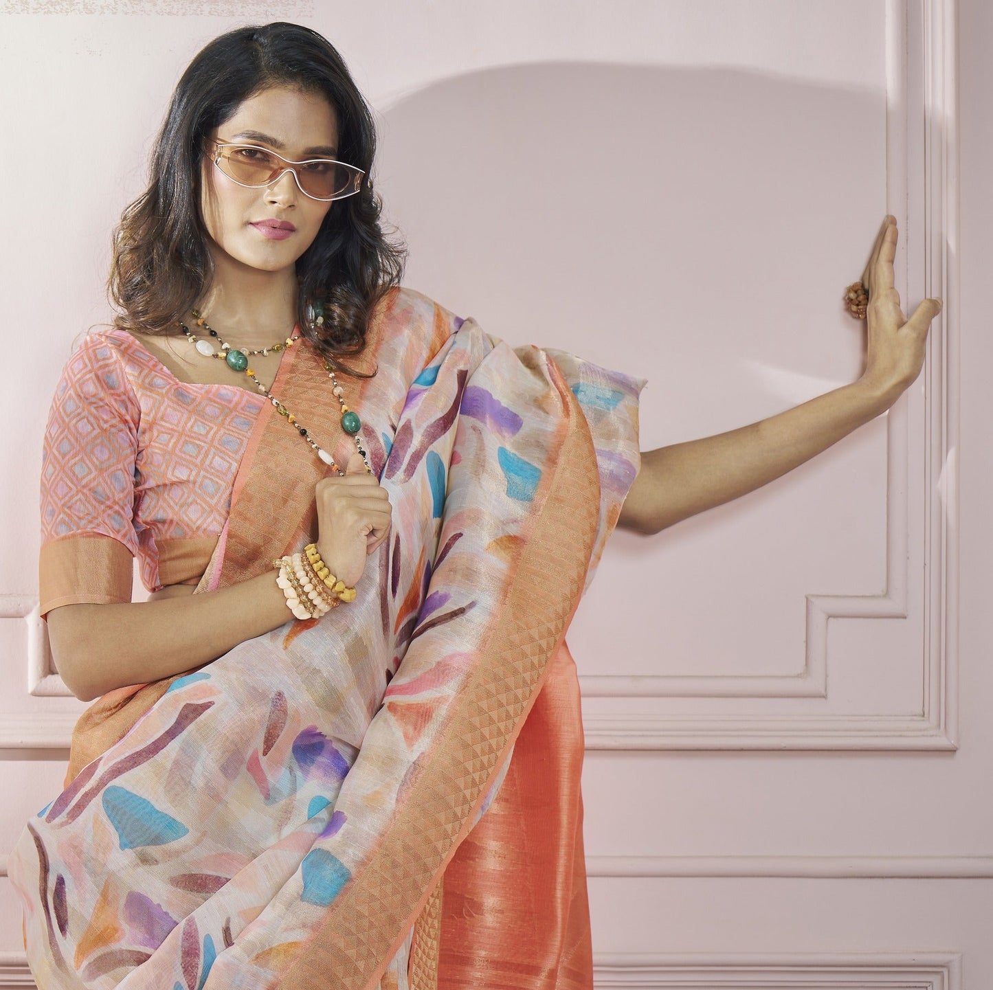 Anaita Peach Printed Pure Modal Silk Saree With Blouse