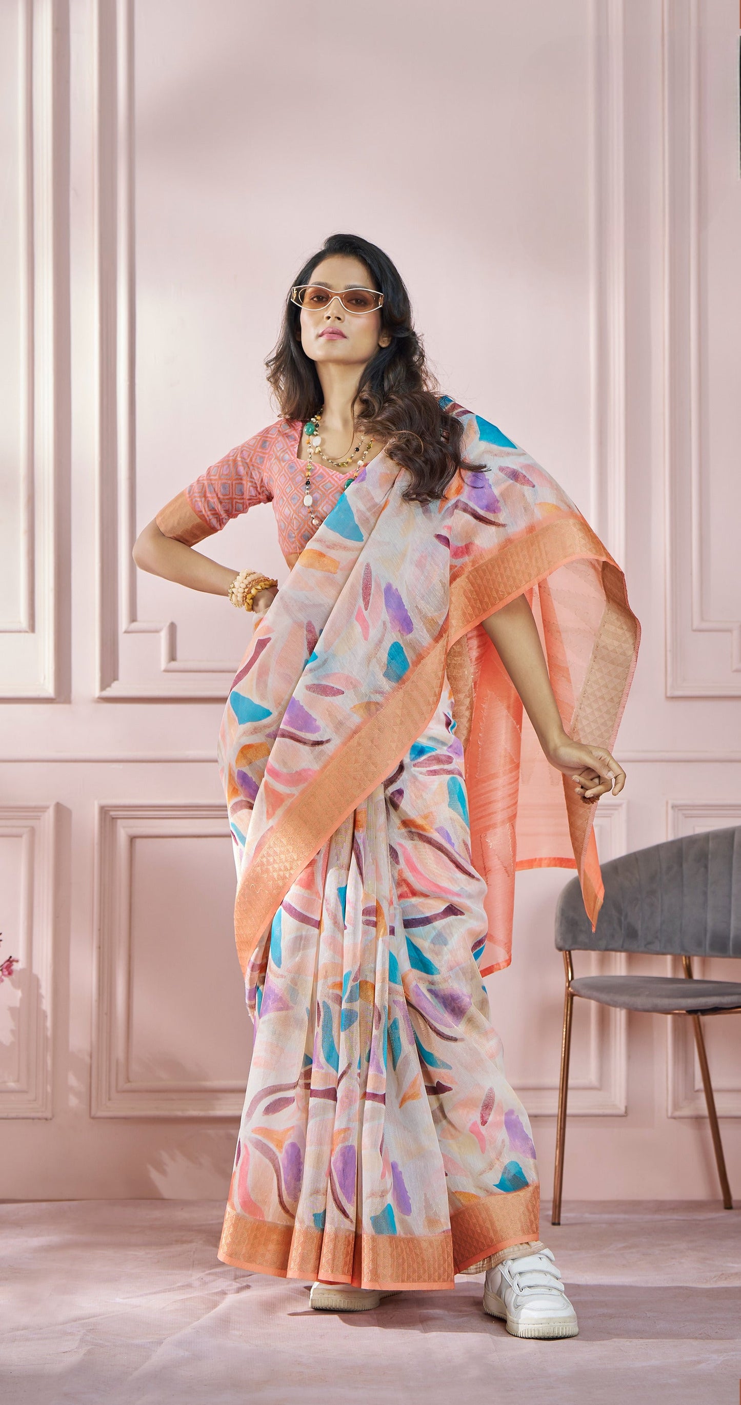 Anaita Peach Printed Pure Modal Silk Saree With Blouse