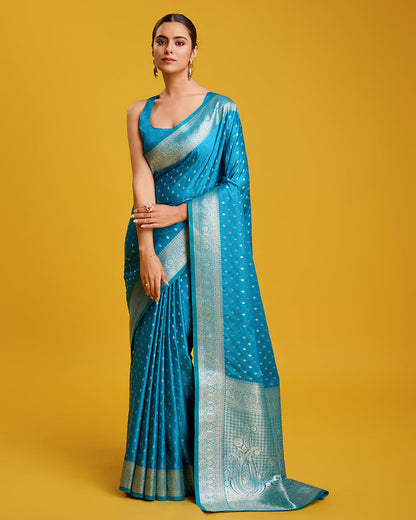 Monjolika Fashion Cyan Color Banarasi Zari Woven Work Enhanced Elegance Silk Saree