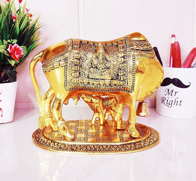 KridayKraft Kamdhenu Cow Calf with Bal Gopal Krishna Metal Statue for Good Luck Feng Shui As Table