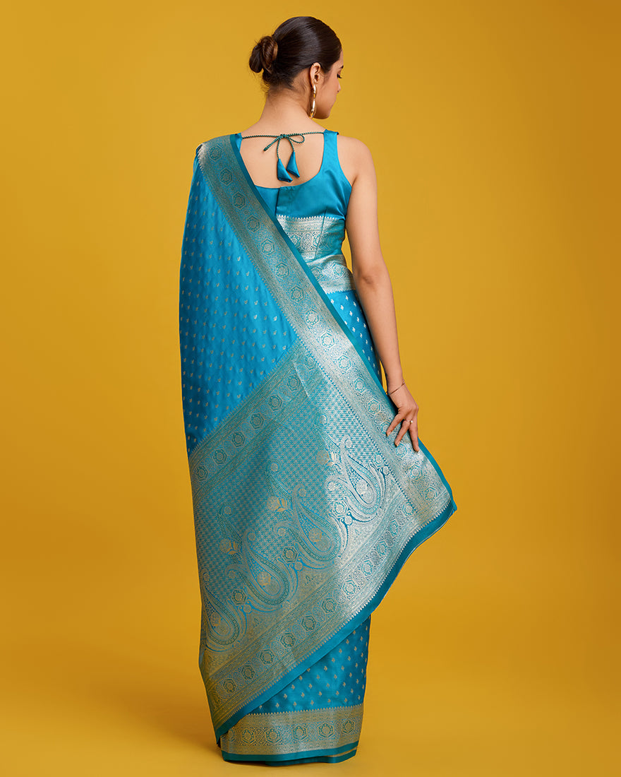 Monjolika Fashion Cyan Color Banarasi Zari Woven Work Enhanced Elegance Silk Saree