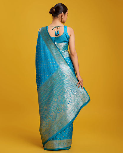 Monjolika Fashion Cyan Color Banarasi Zari Woven Work Enhanced Elegance Silk Saree
