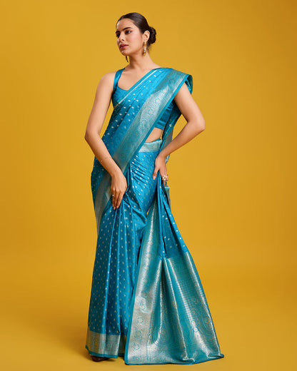 Monjolika Fashion Cyan Color Banarasi Zari Woven Work Enhanced Elegance Silk Saree