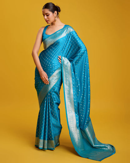 Monjolika Fashion Cyan Color Banarasi Zari Woven Work Enhanced Elegance Silk Saree