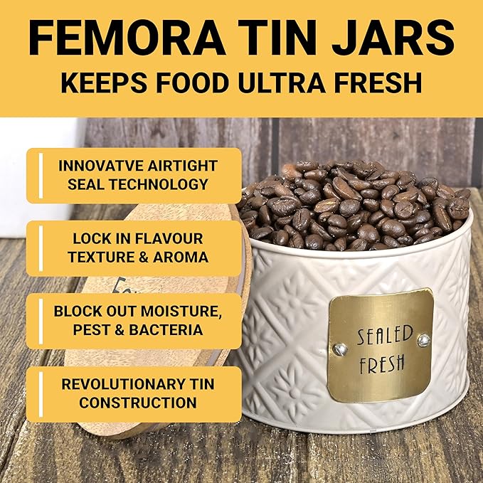 Femora Kitchen Storage Jars Tin Jar With Wooden Lid Air Tight Jar | 300 Ml | Pack of 2