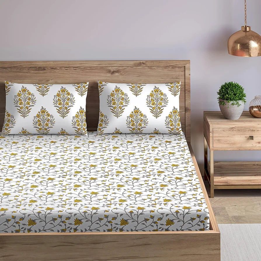 Trance Home Linen 180tc Cotton 78"x72" Standard King Size Elastic Fitted Bedsheet Printed King Bed Size with 2 Pillow Covers Colour Jaal Yellow