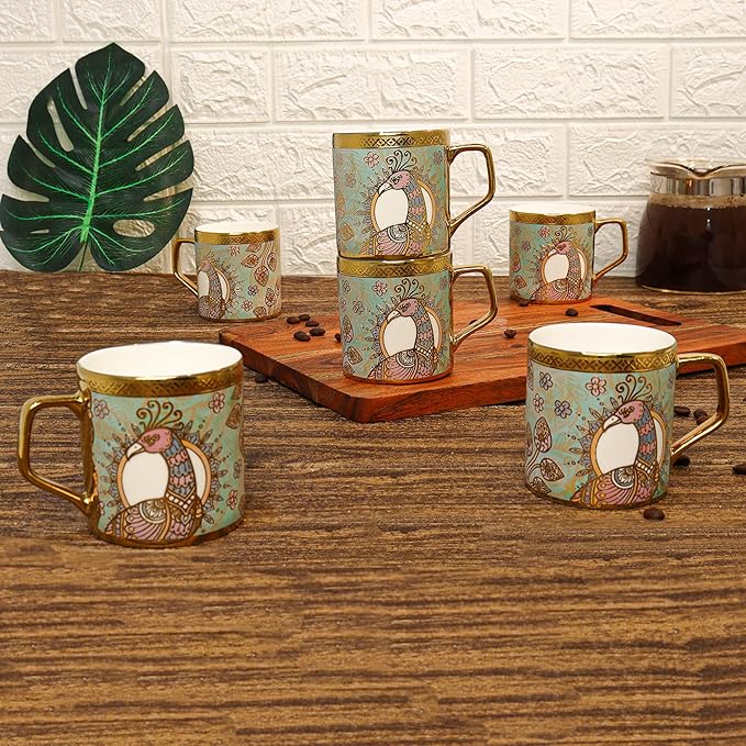 Femora Bone China Gloden Tea Cup | Crowned Peacock | 160 Ml | 6 Pieces | Brown