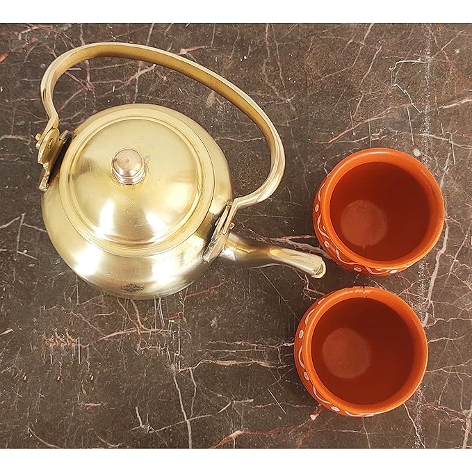 Indian Art Villa Pure Brass Matt Finish Tea Pot/Tea Kettle Volume | 550 ml Gold
