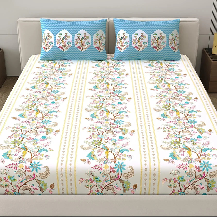 Dreamscape Cotton King Fitted Bedsheet with 2 Pillow Covers Sky Blue Color