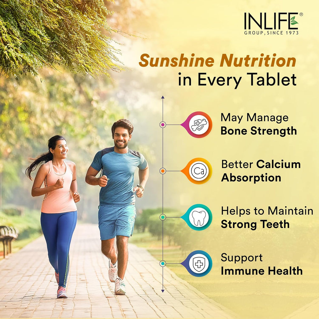 INLIFE Vitamin D3 K2 Supplement | Derived from Lichen (Plant Based) & Vitamin K2 (MK7) | Supports Bone, Teeth, Heart, Immunity, Mood, Strength, Recovery | For Men & Women - 60 Vegetarian Tablets
