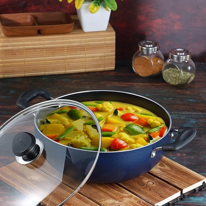 Vinod Zest Aluminium Non Stick Deep Kadhai with Glass Lid - 2 Litre, 20cm | 3 Layer Ceramic Coating | 3 mm Thick