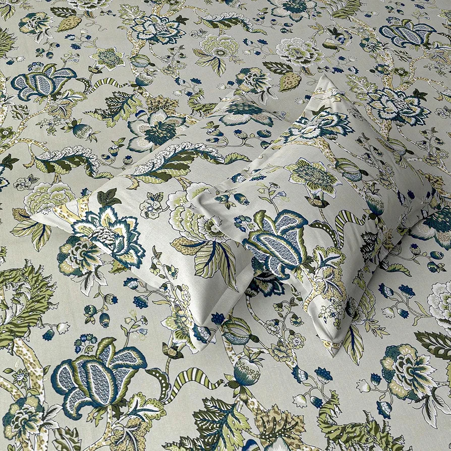 Trance Home Linen 144TC 100% Cotton 78"x60" Standard Queen Size Elastic Fitted Bedsheet Printed Queen Bed Size with 2 Pillow Covers Malhaar Colour Grey Blue