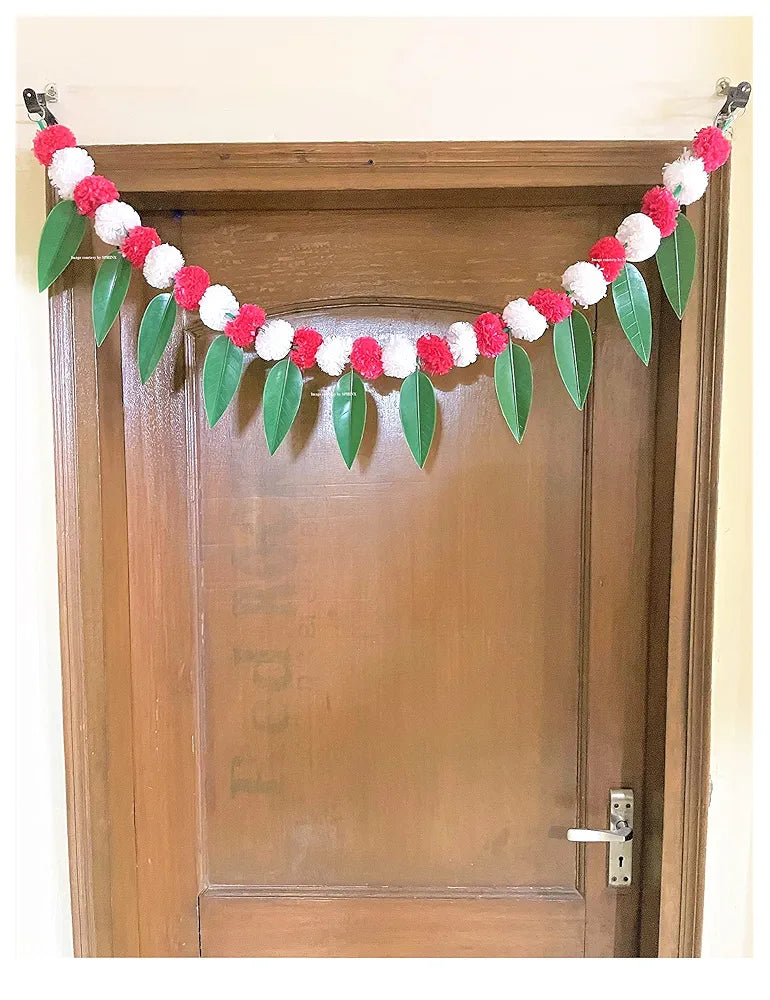 Artificial Marigold &Mango Leaves Simple Door-Window Toran White and Red