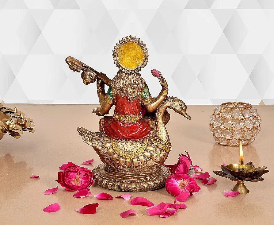 Aona Resin Saraswati Idol Statue for Home Decor On Swan Height | 8.5 Inches Multicolour