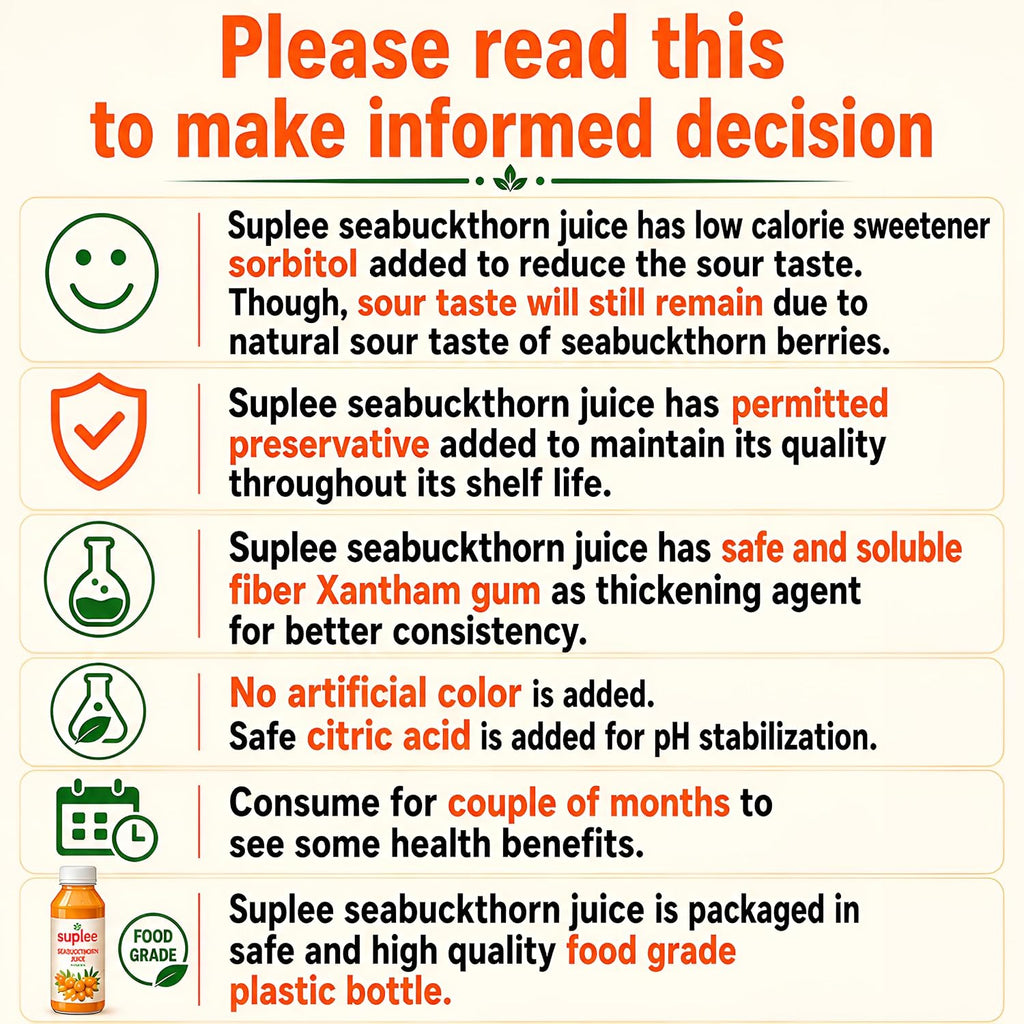Suplee Himalayan Sea Buckthorn Juice 500ml | Cold Pressed Wild Seabuckthorn Berries | Rich in Omega 3 6 7 9, Vitamins | for Immunity, Skin Care and Vitality | Zero Added Sugar | 500ml