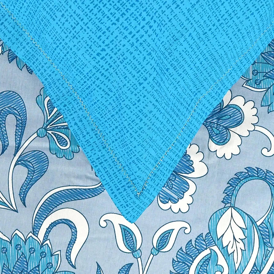 Divine Casa 144 TC Pure Cotton Double Size Bedsheet with 2 Pillow Covers Floral Paisley Colour White Aqua Blue
