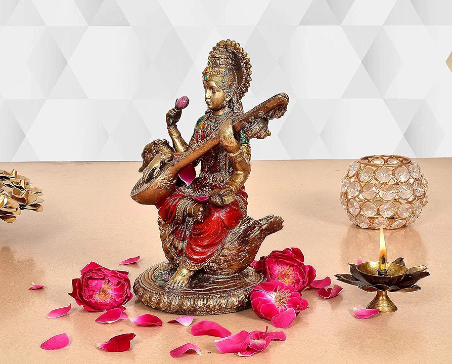 Aona Resin Saraswati Idol Statue for Home Decor On Swan Height | 8.5 Inches Multicolour
