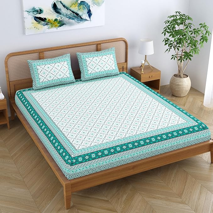 Colorish Cotton Blend Traditional Floral Jaipuri Block Printed Double Bedsheet King Size with 2 Pillow Covers | Turquoise Green