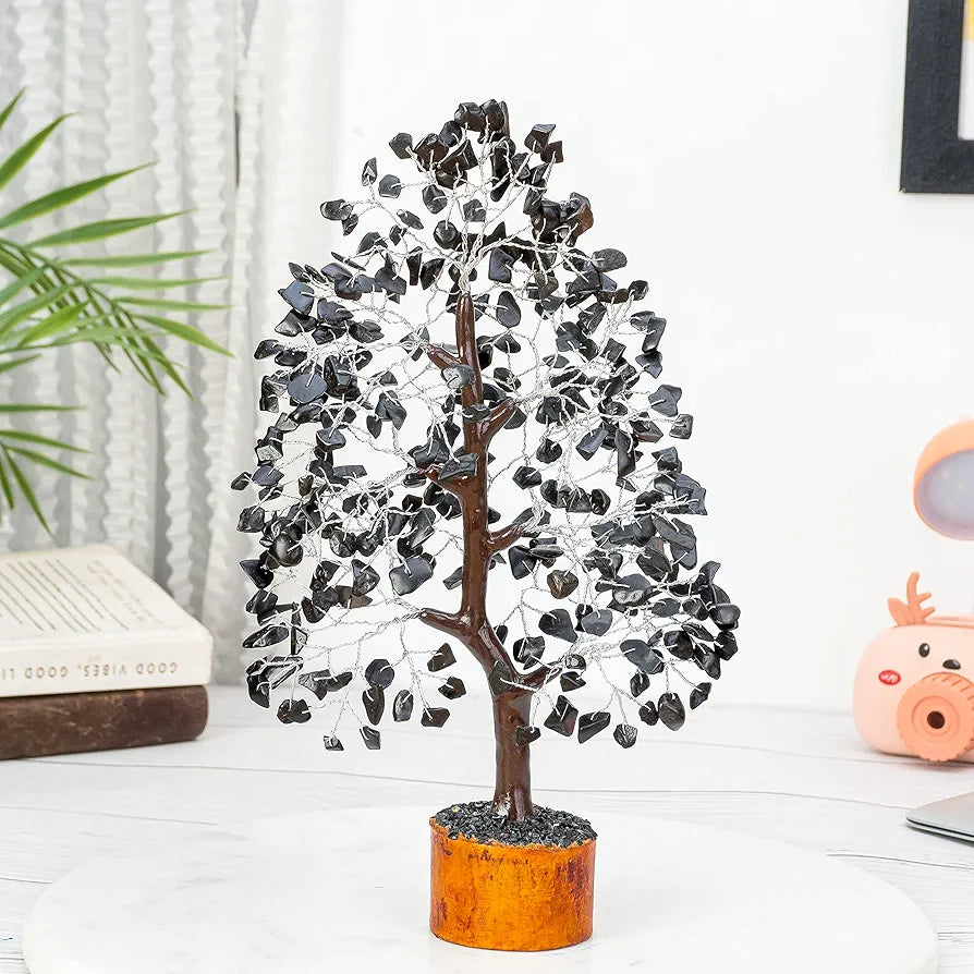 Hindcraft Black Tourmaline Crystal Tree Silver Wire 10-12 inch