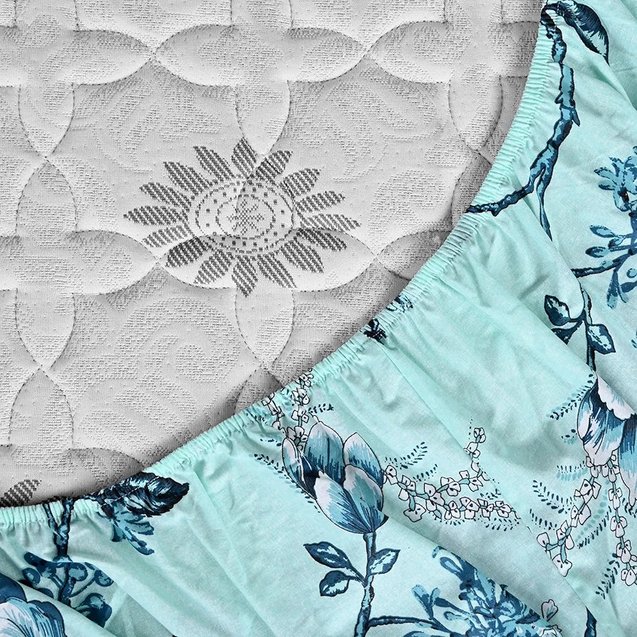 Divine Casa Floret 100% Cotton Double Fitted Bedsheet 144 TC Colour Winter Fern