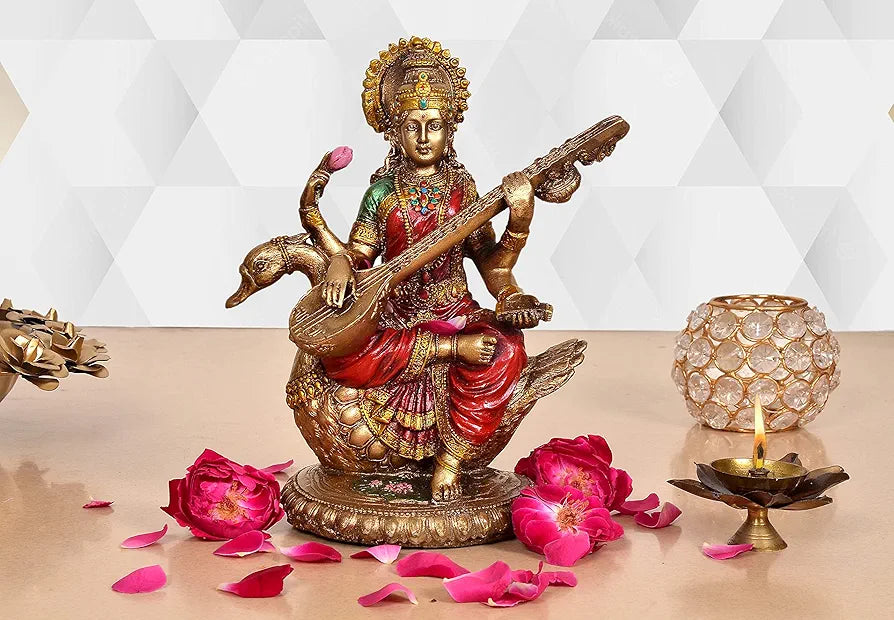 Aona Resin Saraswati Idol Statue for Home Decor On Swan Height | 8.5 Inches Multicolour