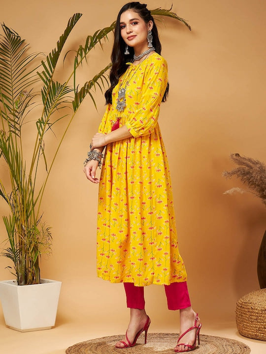 Shae by Sassafras Yellow Ethnic Motifs Printed Tie-Up Neck A-Line Kurta