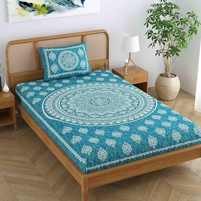 Colorish 120 Tc Cotton Blend Mandala Printed Jaipuri Bedsheet for Single Bed With 1 Pillow Cover | Sea Green