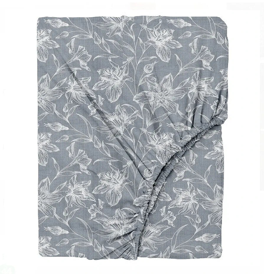 Trance Home Linen 100% Cotton 144TC Elastic Fitted Bedsheet Printed Queen Bed Size Elasticate Fitted Bedspread with 2 Pillow Covers Colour Serenity Grey