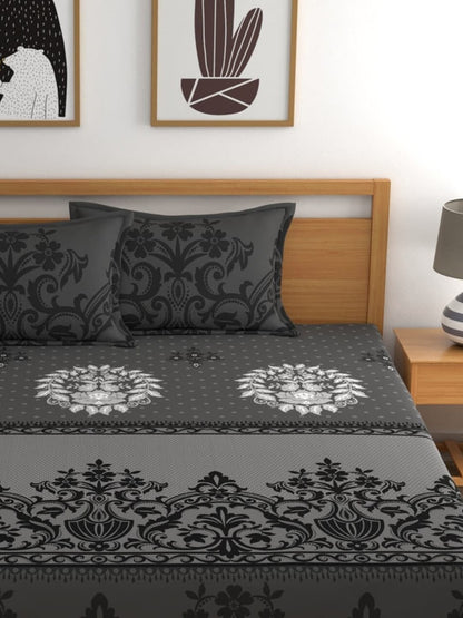 Dreamscape Grey & Black Ethnic Motifs 144 TC Bedsheet with Pillow Covers