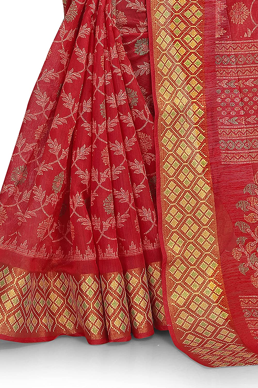 Mirchi Fashion Women's Red Cotton Blend Kalamkari Printed Saree