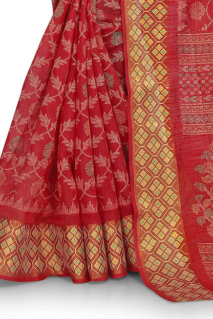 Mirchi Fashion Women's Red Cotton Blend Kalamkari Printed Saree