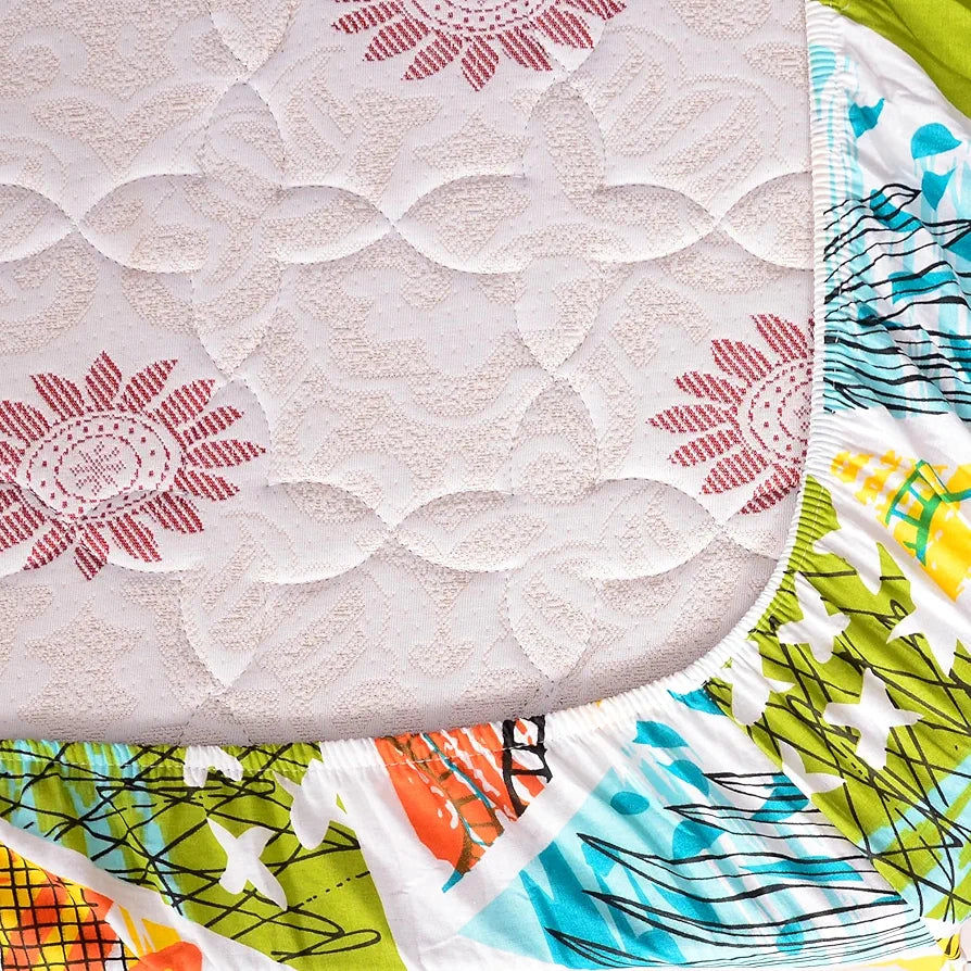 Divine Casa 144 TC Cotton Geometric Print Queen Size Double Bed Elastic Fitted Bedsheet with 2 Pillow Cover Colour Sunny Lime Punch