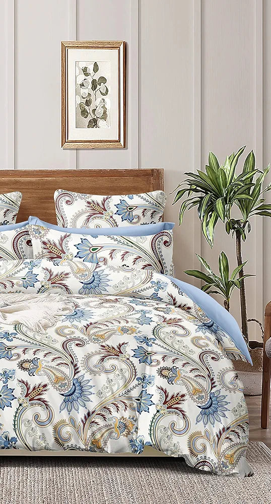 The Home Style 400 TC Supersoft Cotton Feel Glace Cotton Elastic Fitted Printed Queen Size Double Bed Bedsheet wih 2 Pillow Cover Vanilla Mist