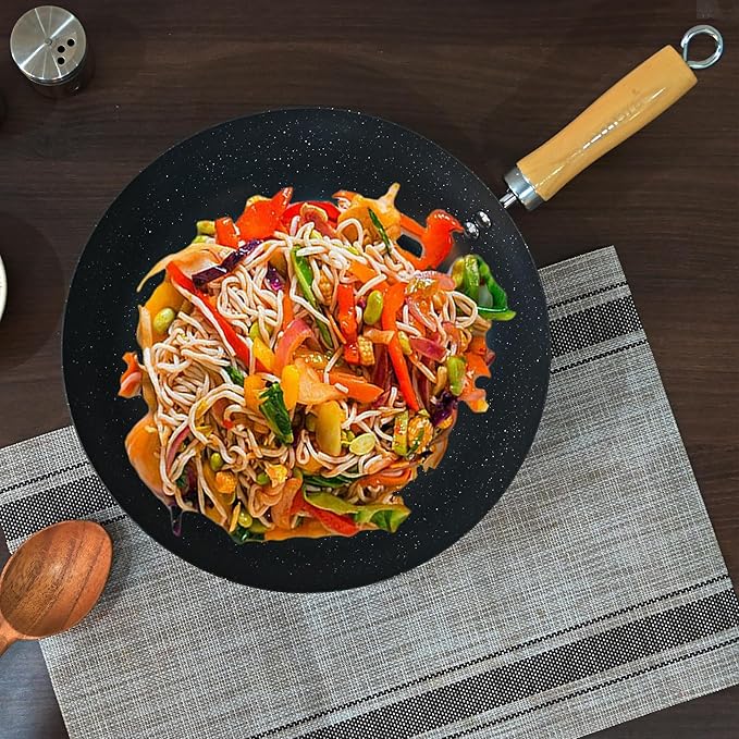 Femora Carbon Steel Wok 30 Cm With Wooden Handle | 3 Layer Non-stick Coating Wok | Black