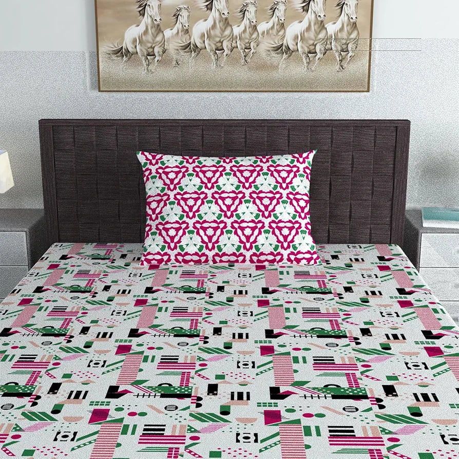 Divine Casa Bedsheet for Single Size Bed 144 TC Cotton Bedsheet for Single Size Bed with 1 Pillow Cover  Abstract Colour Pink & White