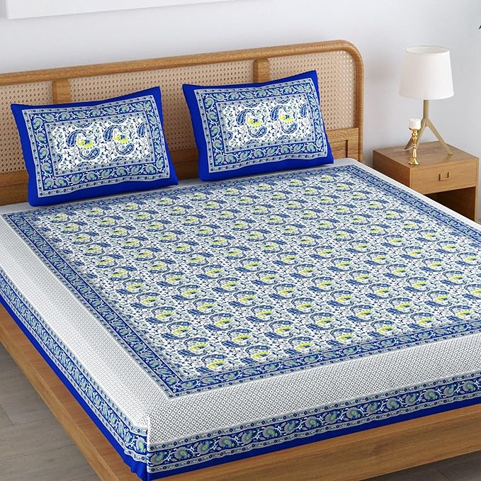 Colorish 120 Tc Cotton Blend Elephant Printed Jaipuri Bedsheet for Double Bed King Size With 2 Pillow Covers | Indigo Blue