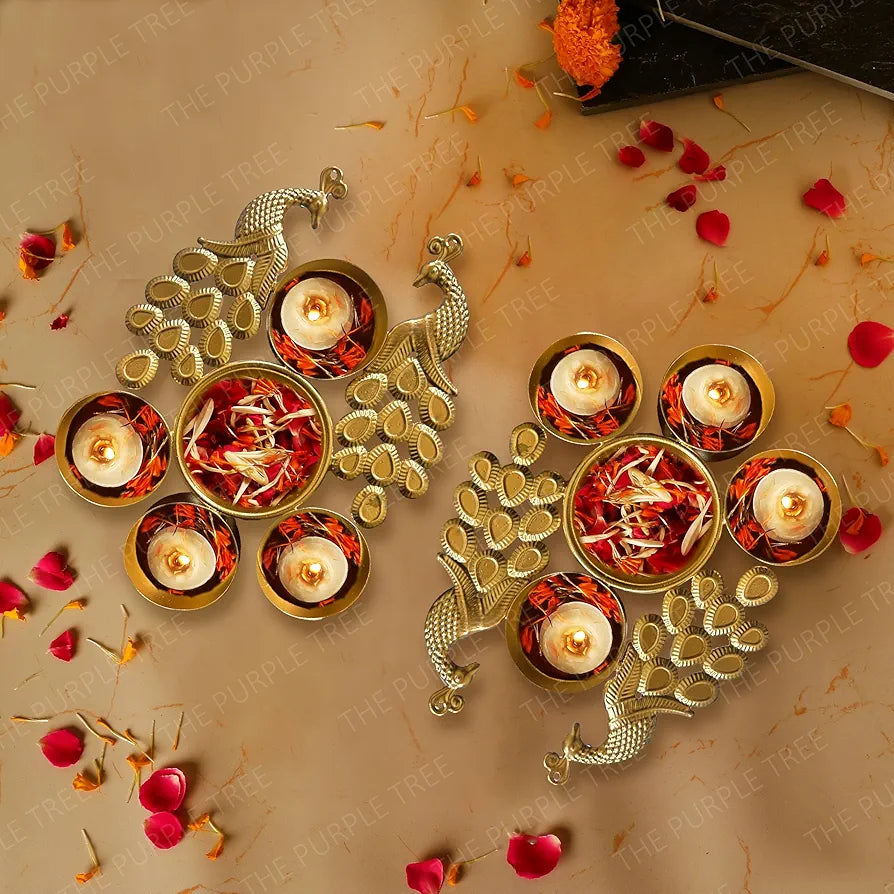 The Purple Tree Peacock Design Mini Urli Bowls with 4 Diyas  Urli Diyas Small Traditional Bowl Mini Urli Diya 2 pc