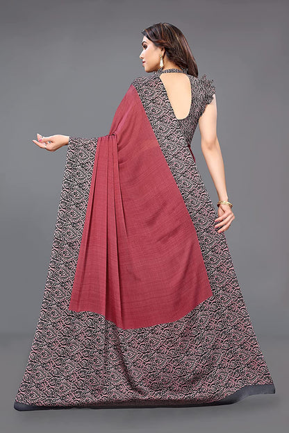 Mirchi Fashion Women's Pink & Black Printed Chiffon Saree