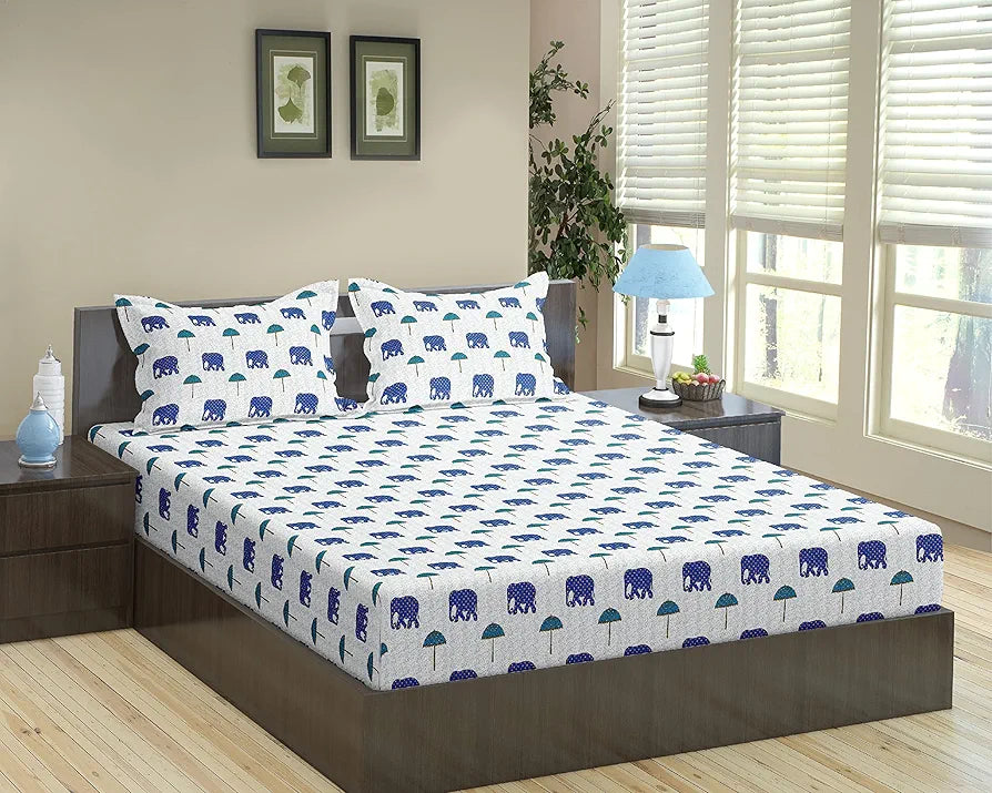 Trance Home Linen 180Tc 100% Cotton 78"X60" Standard Queen Size Elastic Fitted Bedsheet Printed Queen Bed Size With 2 Pillow Covers 180 TC Colour Ambari Blue