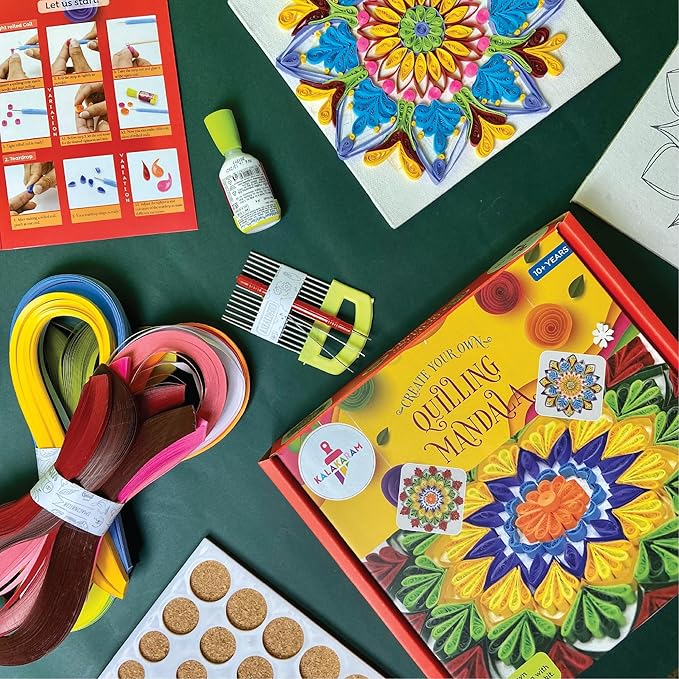 Kalakaram Mandala Quilling Kit Stripes and Tools | Diy Craft Kit for Kids and Adults | With Pre-designed Canvas Board