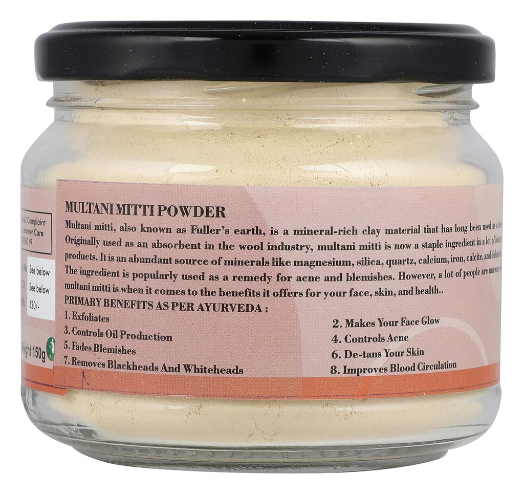 Go Organic Multani Mitti Powder for Face and Hair - 100% Natural Fuller's Earth Clay for Acne Control, Oil Absorption & Glowing Skin - 150g Premium Glass Jar - Chemical & Pesticide Free