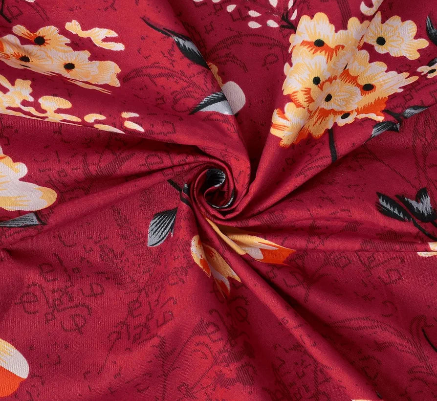 Homefab India 160 TC Glace Cotton Double BedSheet with 2 Pillow Covers Maroon Floral