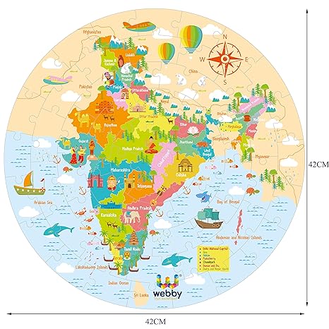 Webby Amazing India Map Jigsaw Floor Puzzle 60 Pcs with 4 Double Sided Flashcards