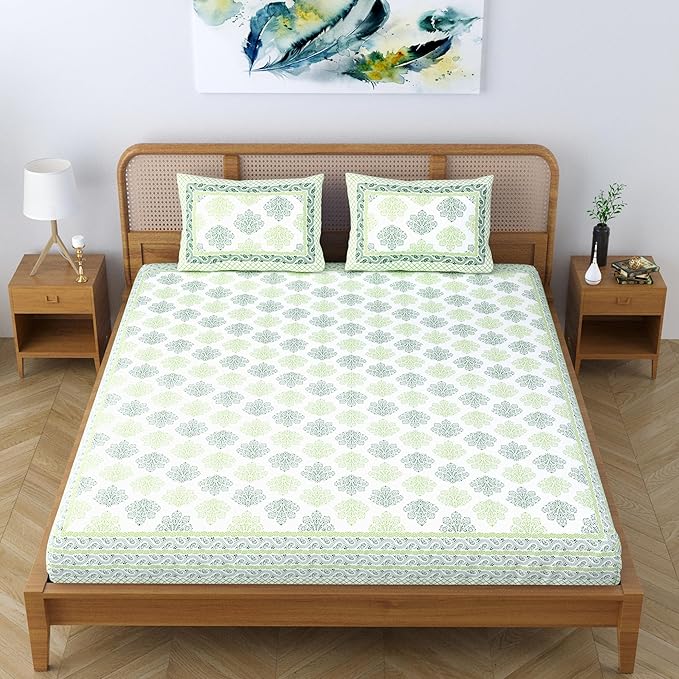 Colorish Jaipuri Traditional Floral Printed Cotton Blend Bed Sheet With 2 Pillow Covers | Pastel Green
