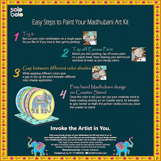 Solobolo Madhubani Painting Kit Tea Coasters With Stand | Art and Craft Coaster Diy Craft Kit | Painting Kit for Kids 6-12