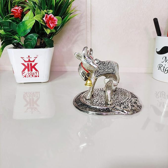 KridayKraft Silver Color Kamdhenu Cow with calf Standing Metal Statue Gau Mata Murti idol