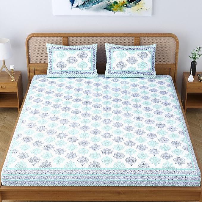Colorish Jaipuri Traditional Floral Printed Bed Sheet With 2 Pillow Covers | Spectral Blue
