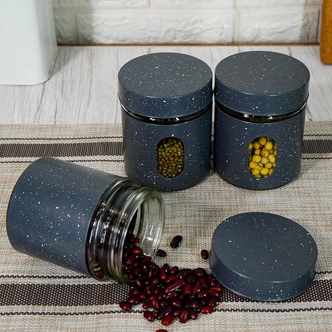 Femora Carbon Steel Jar for Kitchen Storage With Clear Glass Window and Carbon Steel Lid | 300 Ml | 6 Pieces Set | Blue- Green